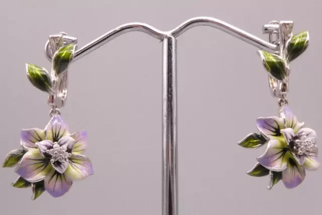 Ohrringe Silber 925 Sterling moderne Designerstücke Blumen EMAIL mit Zirkonia