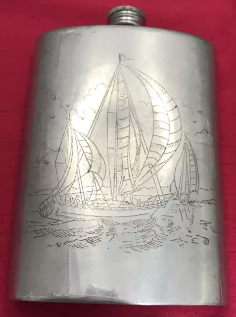 Vintage Comoy’s Of London 8 Oz English Pewter Sailboat Flask Sheffield England