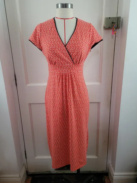 Boden Cotton Jersey Summer Dress Red White Navy Trim Wrap Size Uk 12 L Us 8 New