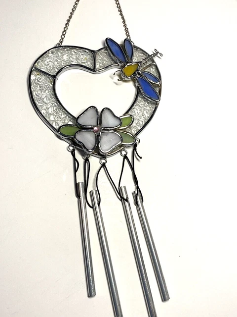 Stained Glass Heart Wind Chime Dragonfly Flower Multi-Color 5.5” x 4.75” Garden