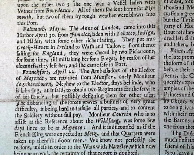 Very Early London Gazette 17th Century 1666 England Newspaper w/ Great Plague