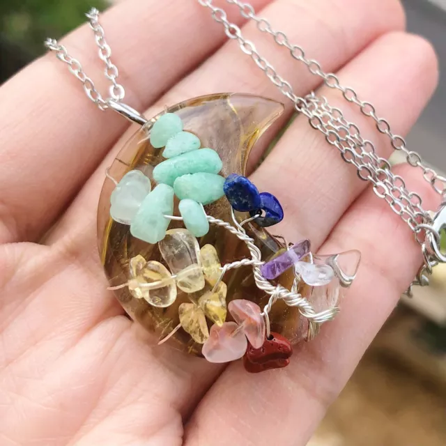Watermelon Peel Quartz Gem Stone Tree Of Life Moon Necklace Healing Amulet