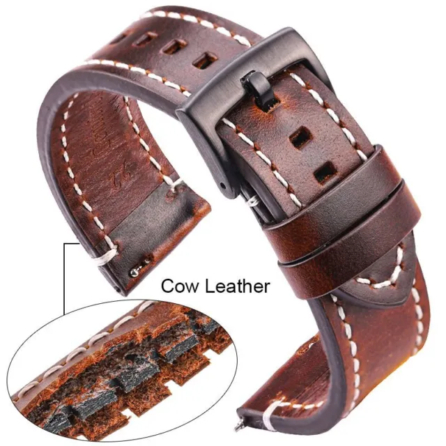 Watchbands Genuine Cowhide Leather Black Dark Brown Women Men Strap Belt Buckle