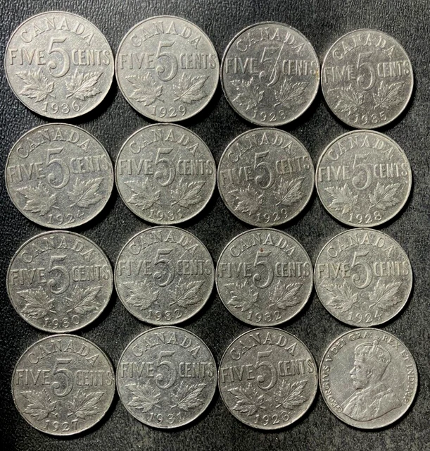 Old Canada Coin Lot - 1923-1936 - King George V Nickels - 16 Coins - Lot #J6