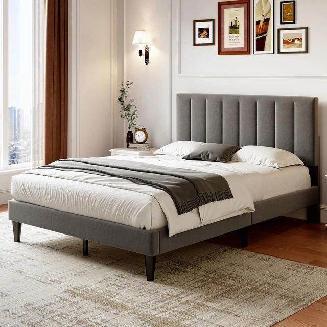 VELVET DOUBLE BED Frame with Adjustable Tufted Headboard Grey Solid
