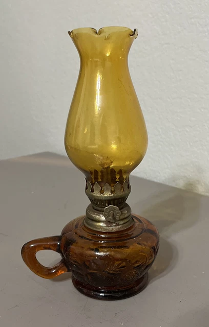 Vintage Miniature Amber Glass Kerosene Oil Lamp Made In Hong Kong