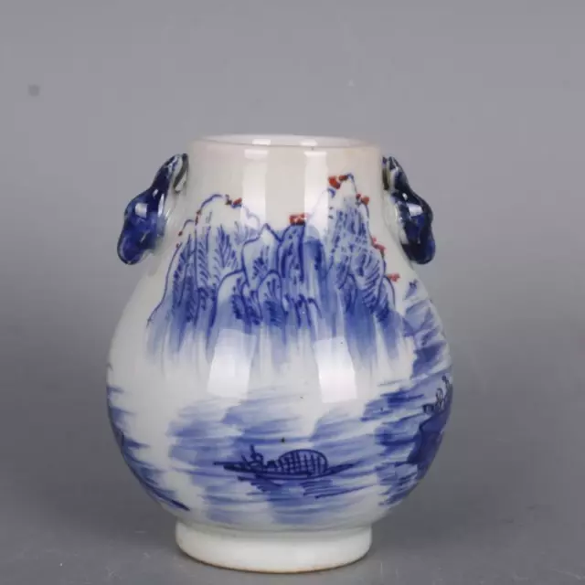 Chinese Blue and White Porcelain Qing Kangxi Landscape Deer Shape Vase 3.94 inch
