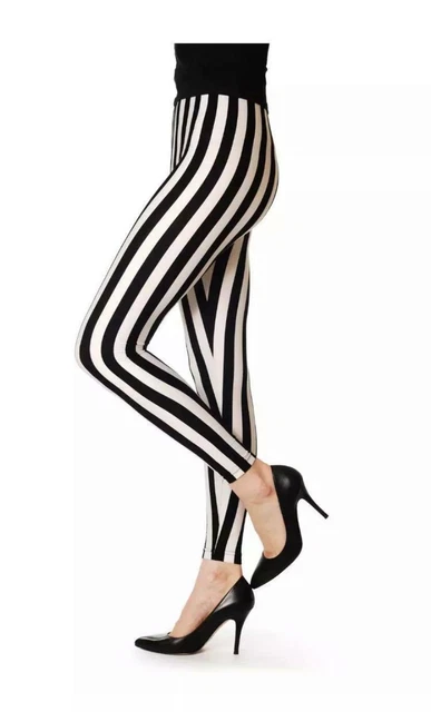 Donne Ragazze Vita Alta Leggings Bianco e Nero Righe Pantaloni 8-22 2