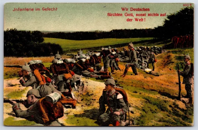 WWI German Patriotic Postcard Infantry In Battle Fear God Nothing Else AP1