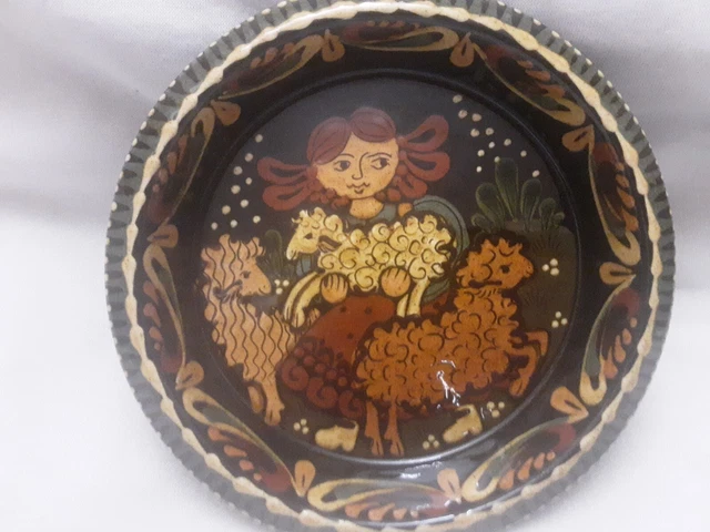 Vintage REBER Swiss Folk Art Pottery Trinket Bowl 7" Girl & Sheep Signed