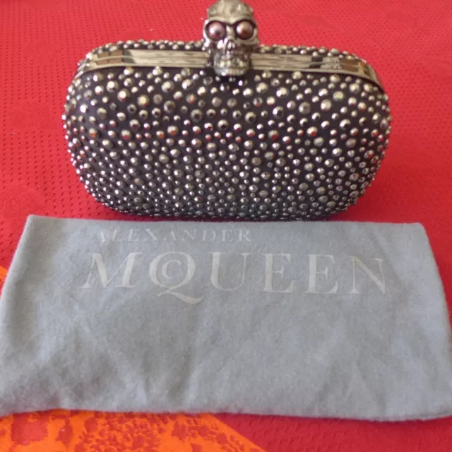 ALEXANDER MCQUEEN Black Skull Crystal Clutch Bag Purse BOX Black Pearl Eyes