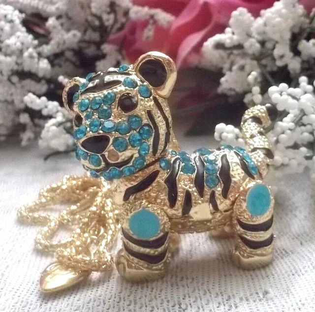 Betsey Johnson Bling Blue 3D Crystal And Enamel Tiger Pendant Necklace-Moveable