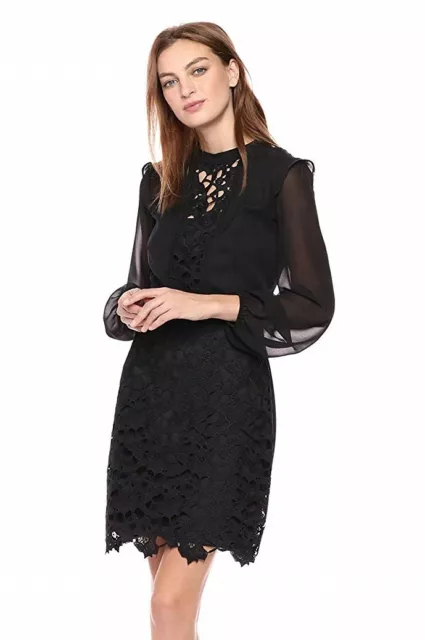 kensie 162318 Womens Sheer Long Sleeve Crew Neck Sheath Dress Black Size Small