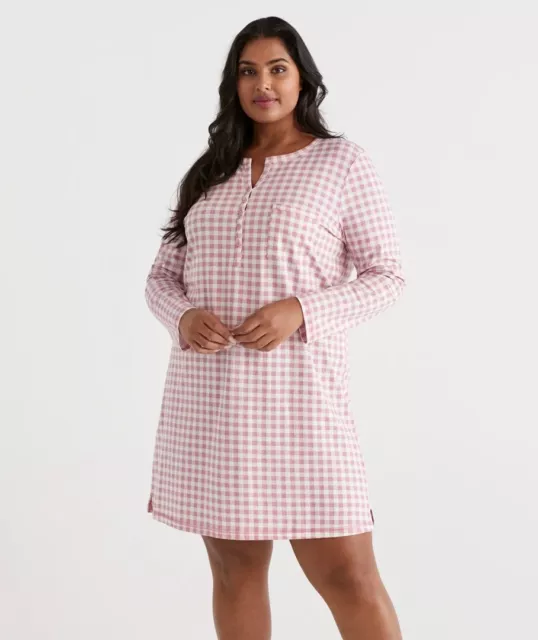 BNWT Size M SUSSAN Australian Cotton Gingham Long Sleeve Nightie Rose