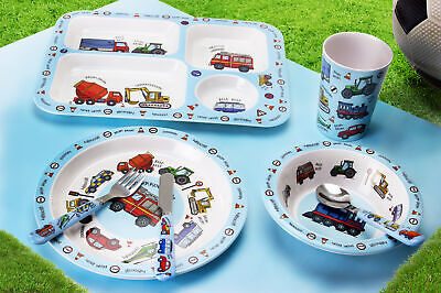 Kids Boys Vehicle Cutlery Dinner Set Mealtime Plastic Bowl Cup Plate Lunch Bag