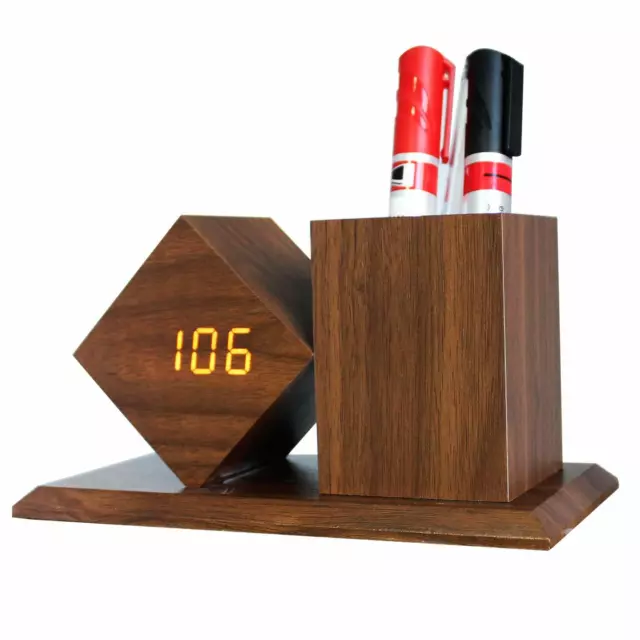 Reloj Para LED Despertador de Mesa de Madera Con Portalápices Incorporado Hsb