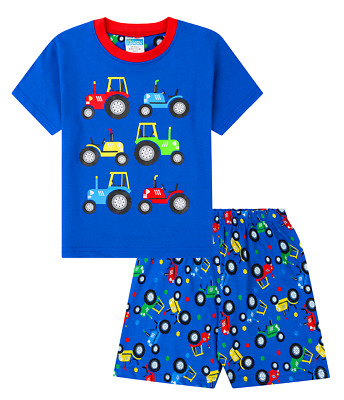 Boys Super Cool Tractor Cotton Short Pyjamas Pjs Blue