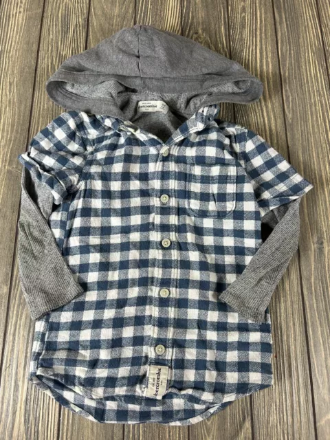 Abercrombie Kids Blue White Hooded Flannel Shirt with Gray Sleeves Size 3/4