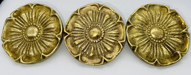 Set of  3 Large Brass Flower Curtain Tiebacks Holdbacks 3.5" Heavy Mexico