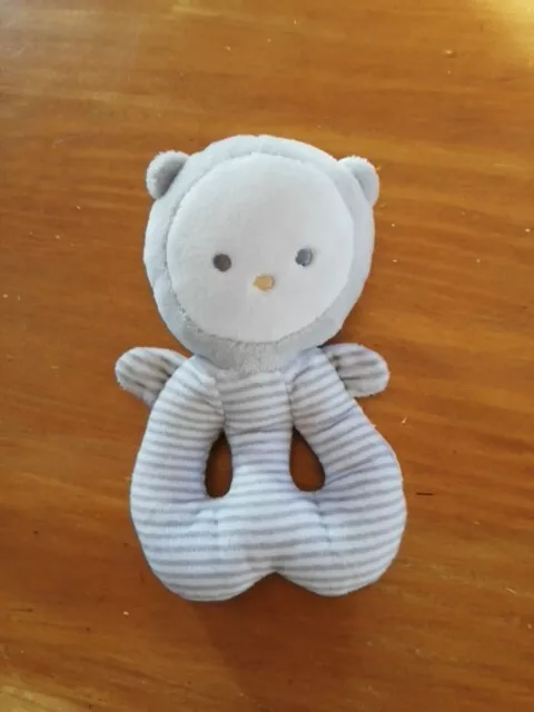 Doudou Peluche Hochet Obaibi Okaidi OB Ours Blanc Rayé Gris Grelot