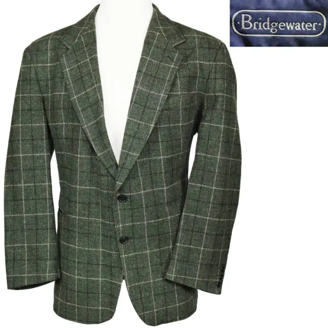 Vintage Wool Tweed Sport Coat Casual Suit Jacket Sage Green Windowpane Plaid 46