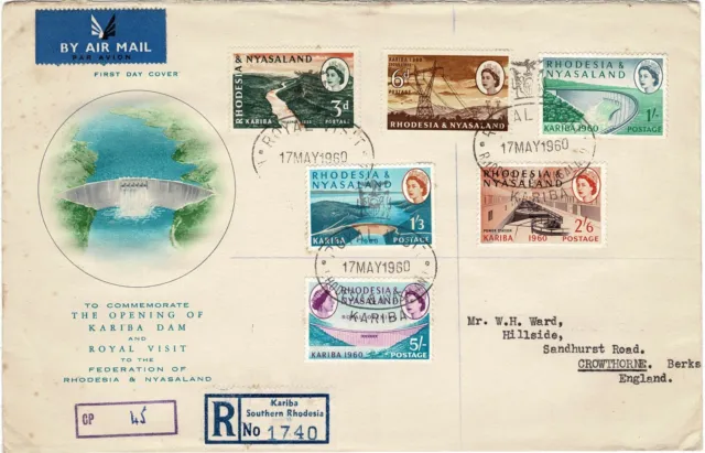 Rhodesia & Nyasaland 1960 Kariba Dam Royal Visit First Day Cover Registered Uk