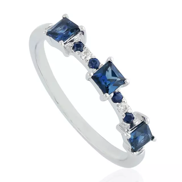 0.63ct Blue Sapphire square shape Prong Set Band Ring 18k White Gold Jewelry