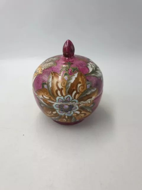 Vtg Chinese Porcelain Dome Lidded Decorative Pot Dish Hand Painted Floral Red Go