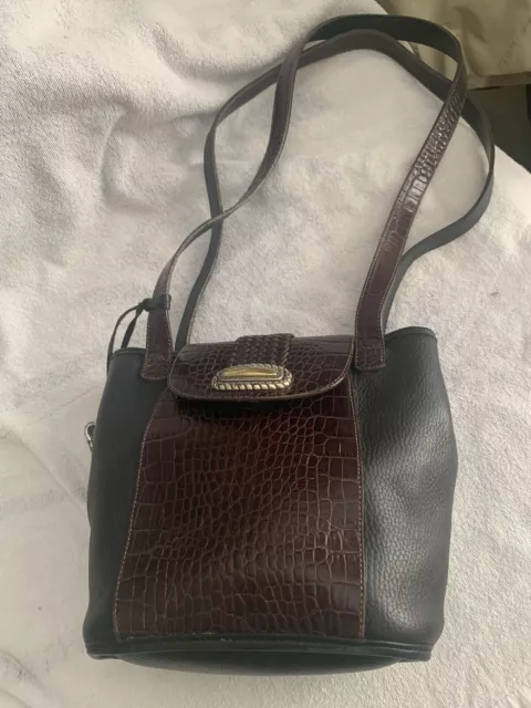 Vintage Brighton Crossbody Bucket Bag Croc Embossed Brown Black Leather Purse