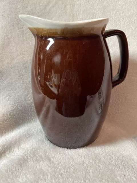 ANTIQUE? HULL?  Brown w/white Trim Pottery "Oven Proof USA" Milk Pitcher 9 x4.5