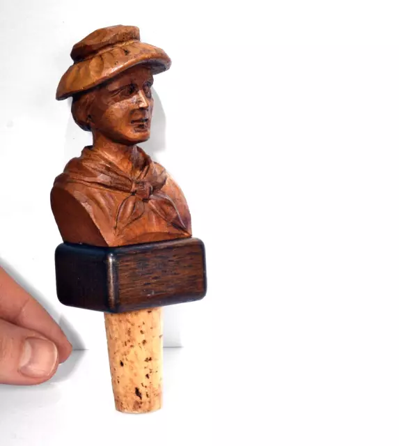 Vintage Hand Carved Wooden Bottle Stopper. Italian Anri Lady in Hat Design