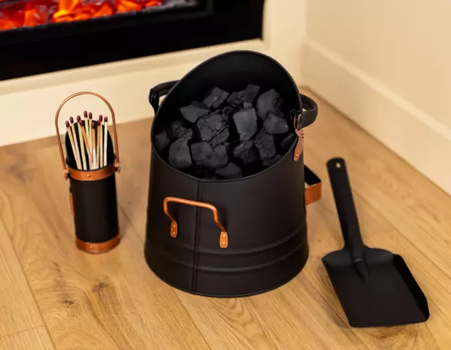 Juego de accesorios Fire Side pala cubo de carbón soporte de fósforo negro cobre hogar 2