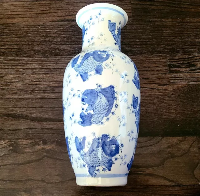 Vintage Chinese Blue & White Koi Fish Porcelain Vase 14 Inches