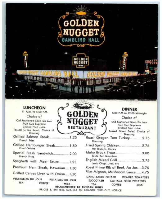 Las Vegas Nevada NV Postcard Golden Nugget Gambling Hall Saloon Restaurant c1960