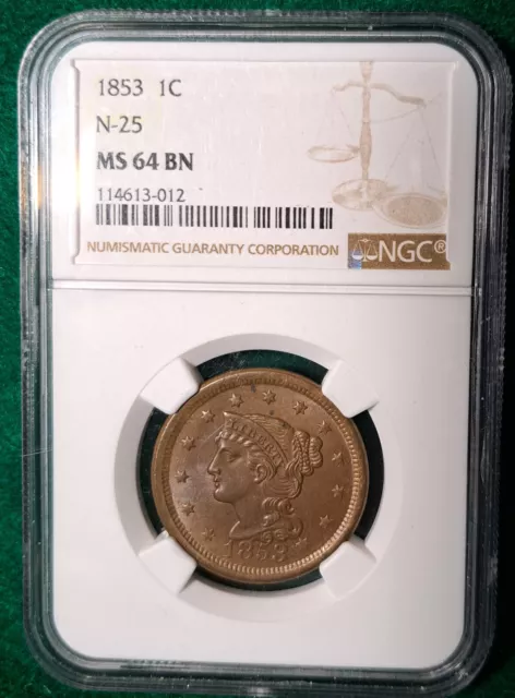 1853 Braided Hair Large Cent NGC MS64 BN N-25 Very Nice!! - K1414