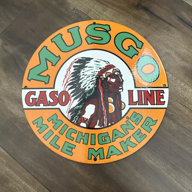 VINTAGE MUSGO Michigans Mile Maker INDIAN  12” PORCELAIN METAL GAS OIL AD SIGN!