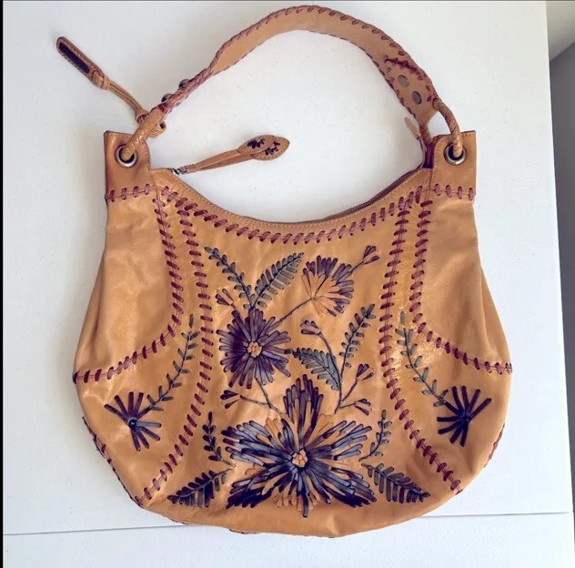 Vintage Isabella Fiore Leather Whipstitch Embroidered Large Hobo Bag Free Ship