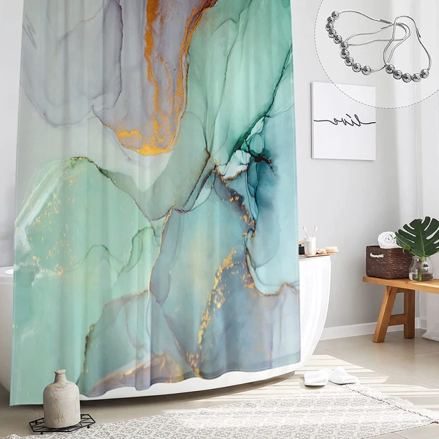Abstract Marble Shower Curtain, Blue Green Purple Jade Texture Gold Stripes Ombr