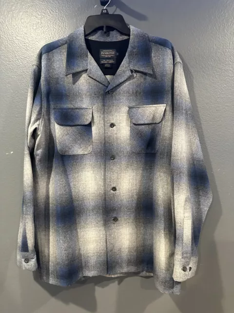 Pendleton Blue Plaid Wool Loop Collar Board Shirt Flap Pockets Men's L