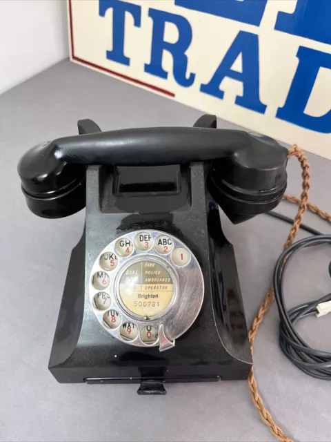 Vintage Black Bakelite Telephone GPO No.164 /332 CB *with Plaited Cord & Drawer*