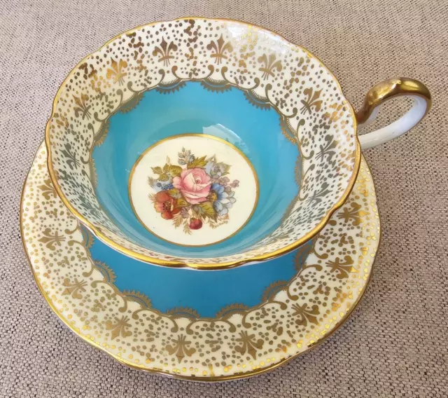 Aynsley Teacup & Saucer Set Antique Signed J.a. Bailey Turquoise Cabbage Rose Ja