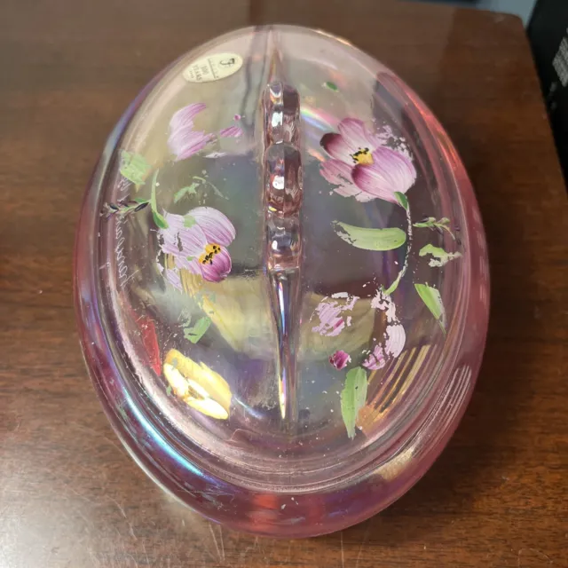 Fenton 100 Year Iridescent Hand Painted Pink Bowl With Lid