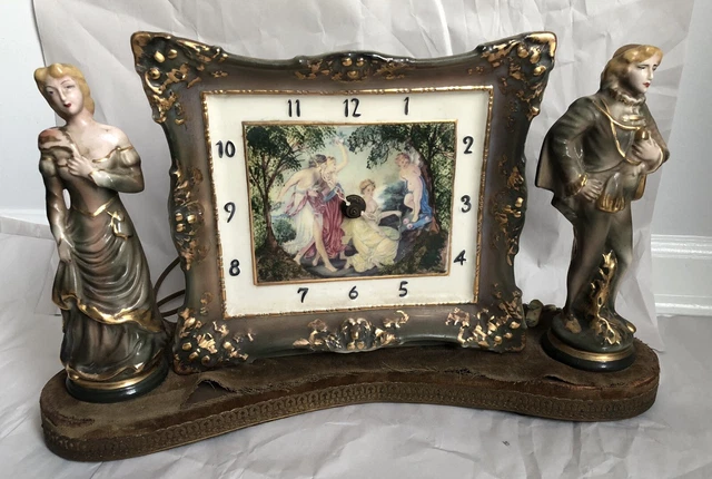 Antique Porcelain Mantle Clock by Sessions Hand Painted Ceramic Figures Electric