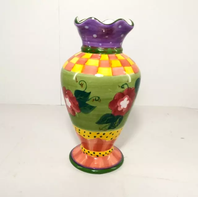 Bella Casa by Ganz Vase Hand Painted, Red and Pink Flowers, Polka Dots, Stripes