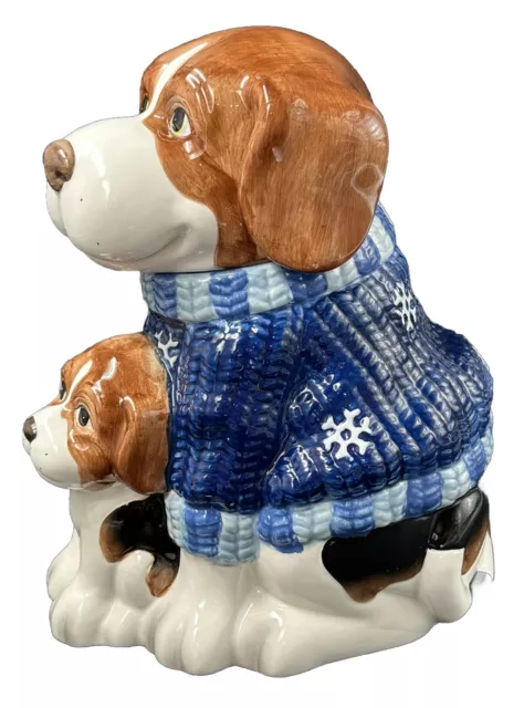 Ceramic Dog and Puppy Cookie Jar in Blue Knit Snowflake Sweater by Mercuries 3