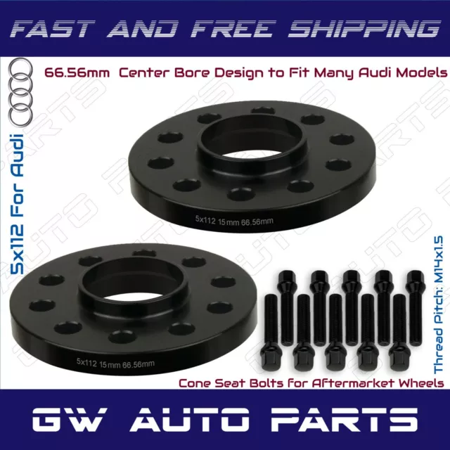 2 Black 15mm Audi 5x112 Hub Bore Wheel Spacer Kit 66.6mm Fit Q5 SQ5 W/Cone Bolts