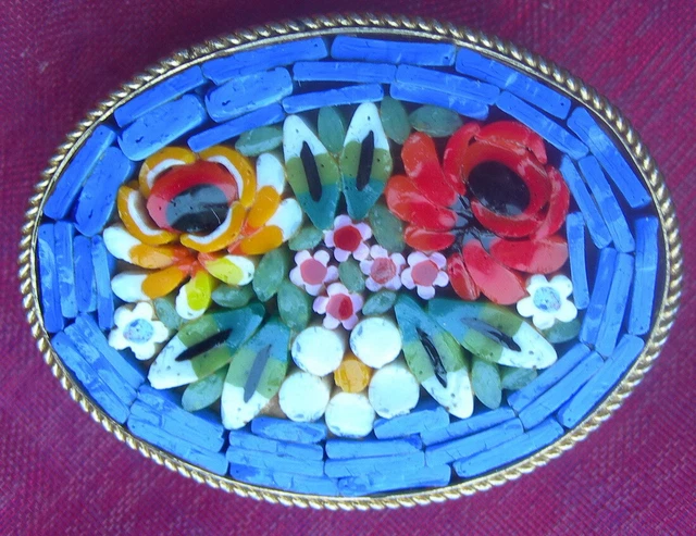 vtg BROCHE EN MICRO-MOSAÏQUE FLEURIE   ITALIAN MICRO-MOSAIC FLOWER BROOCH
