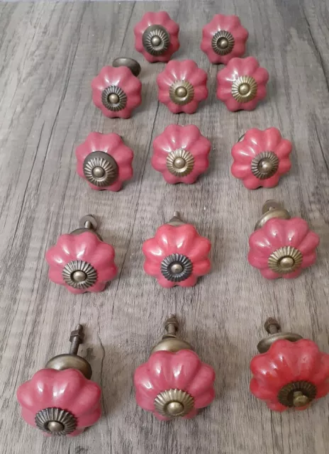 14 Pumpkin /Flower Shape Ceramic Cabinet Knobs Drawer Pulls Red/Antique Brass