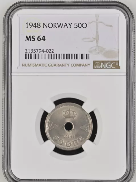 NORWAY 50 Ore 1948, NGC MS64 Choice UNC, Lustrous High Grade. A4