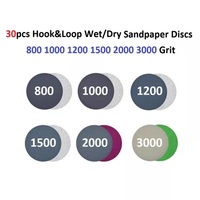 30pcs  3 Inch/75mm Wet Dry Hook And Loop Sanding Discs Mixed 800-3000 Grit 2